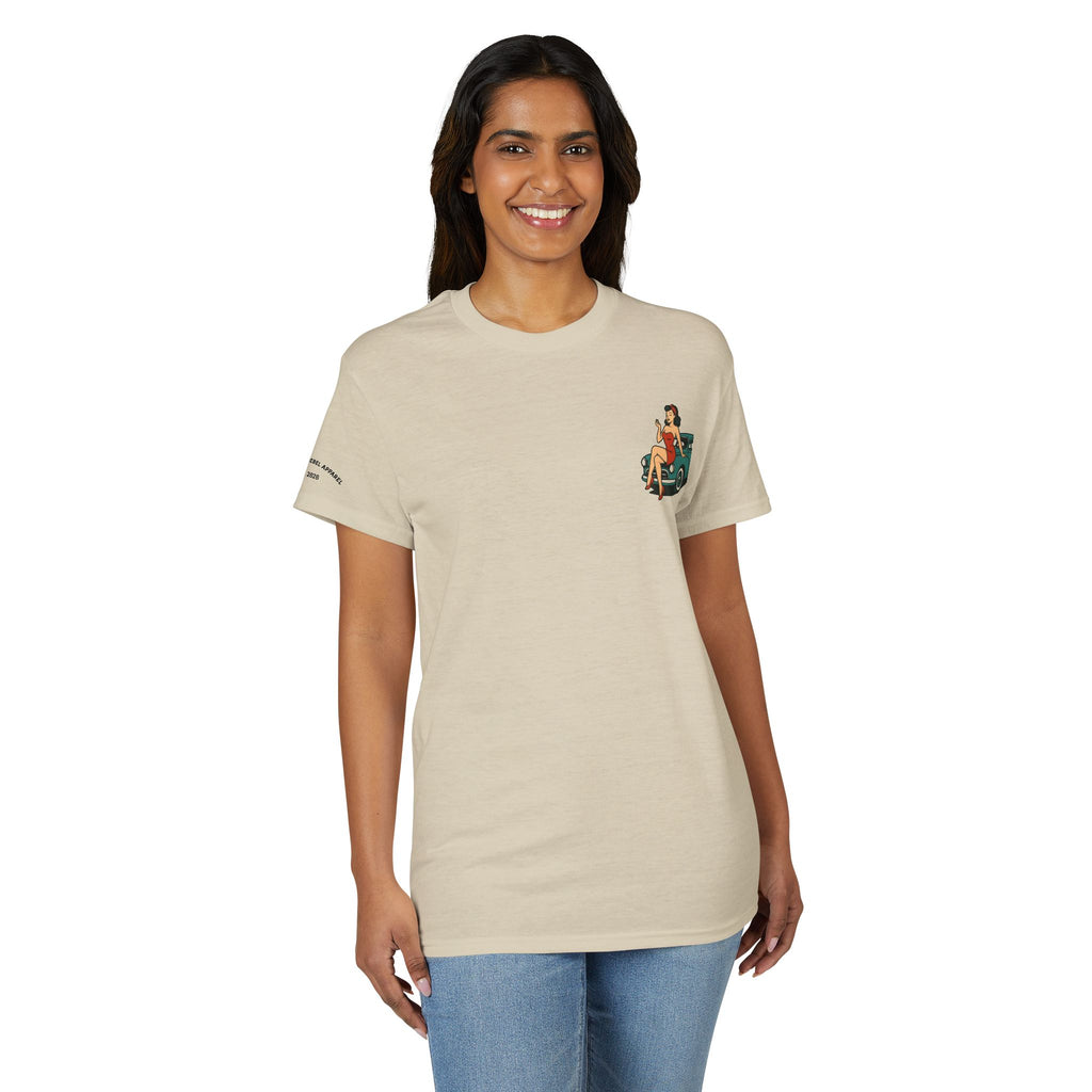 Pinup Girl on Vintage Car Graphic Tee