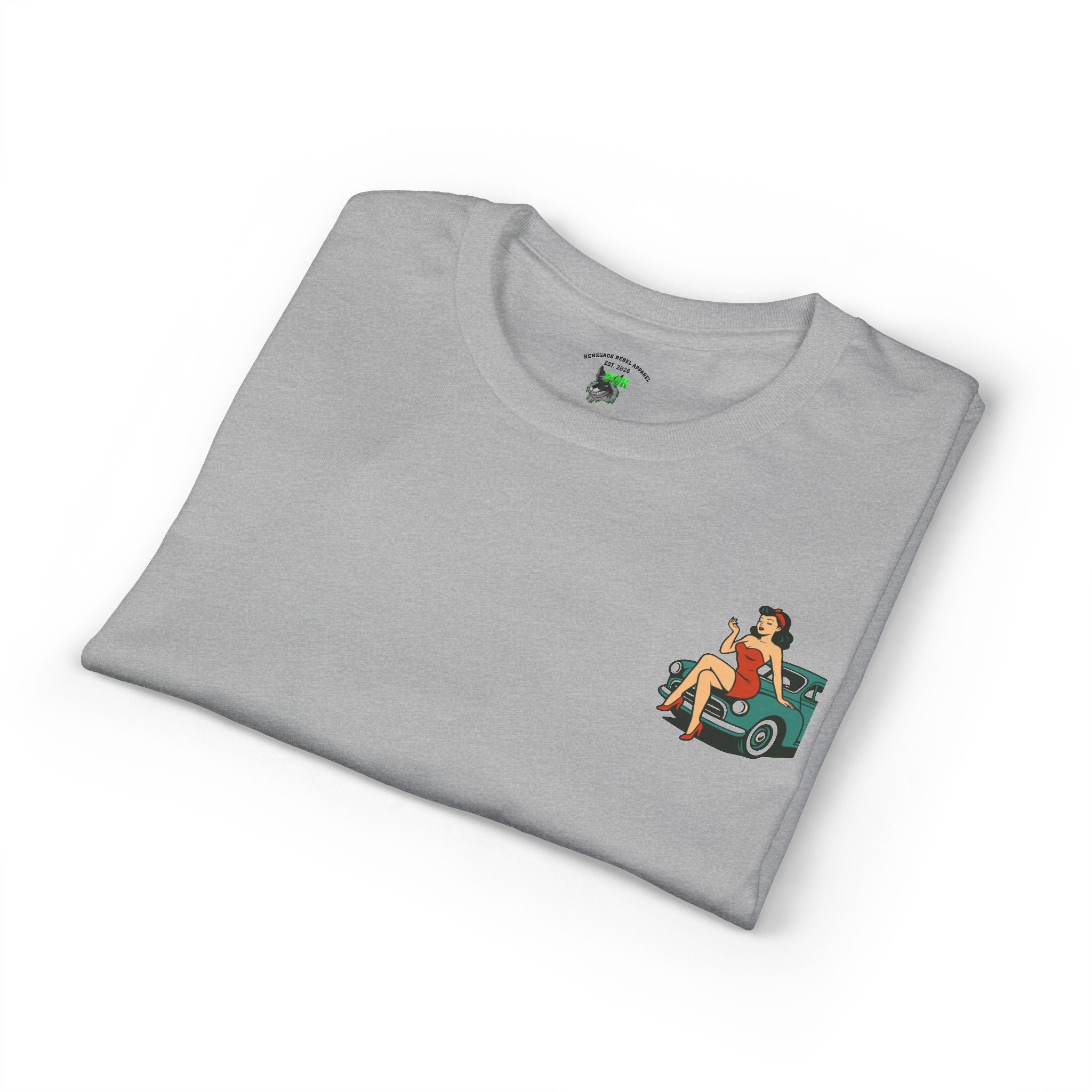 Pinup Girl on Vintage Car Graphic Tee