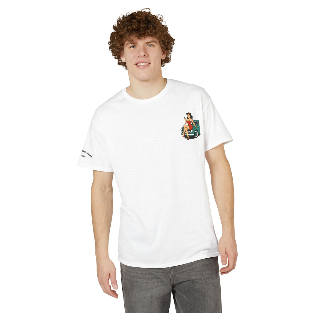Pinup Girl on Vintage Car Graphic Tee
